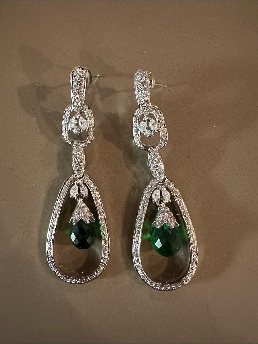 Silver Drop Earrings with Green Crystal Teardrops